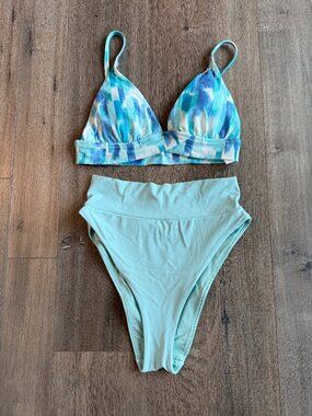 Aerie Two Piece Swimsuit Blue High Cut Cheeky Bikini Bottom Triangle Top Size S